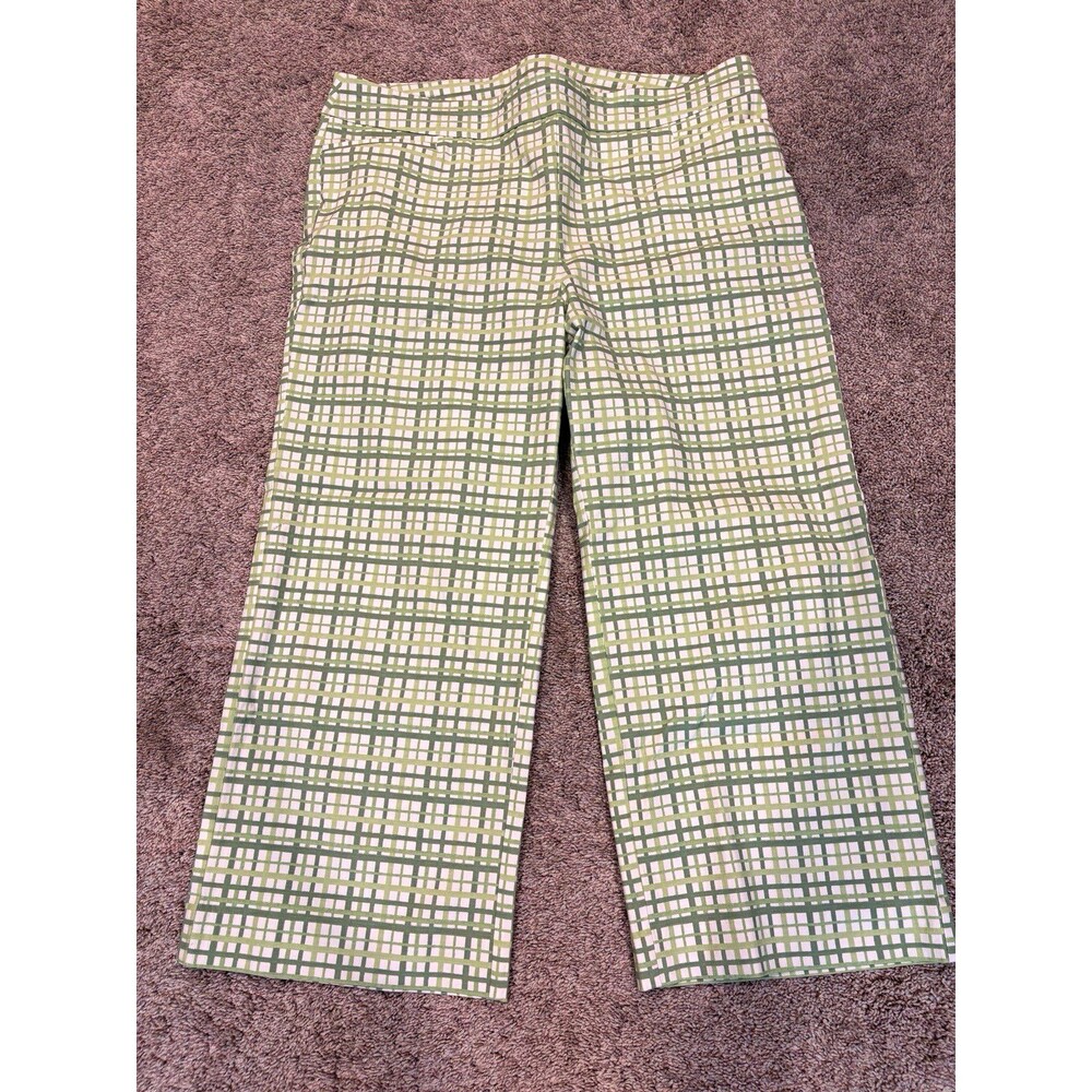 Chico's 3.5 Women 18 Green White Plaid Woven Cropped Pants wide Leg